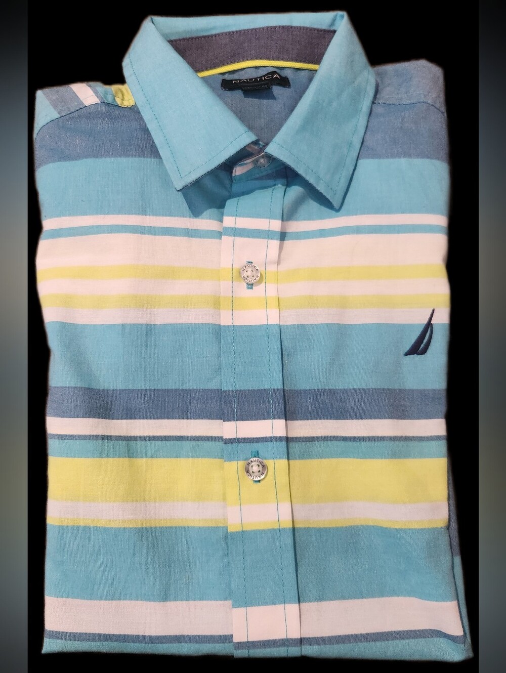 Boys Nautica Striped Short Sleeve Button Down Shirt Large 14/16 Blue Teal Yellow